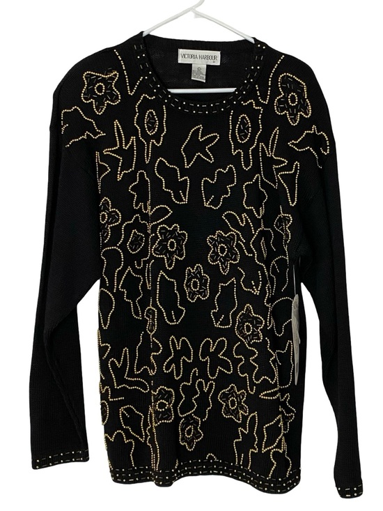 Vintage Sweaters - Vintage 90s Granny Sweater Womens Size Large Black Gold Beaded Tags Tunic
